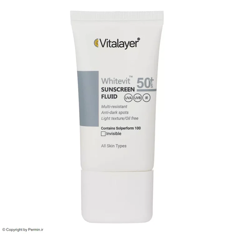 فلوئید ضدآفتاب بی‌رنگ ویتالیر SPF50 مدل Whitevit مناسب تیره و لک دار، حجم 50 میلی‌لیتر