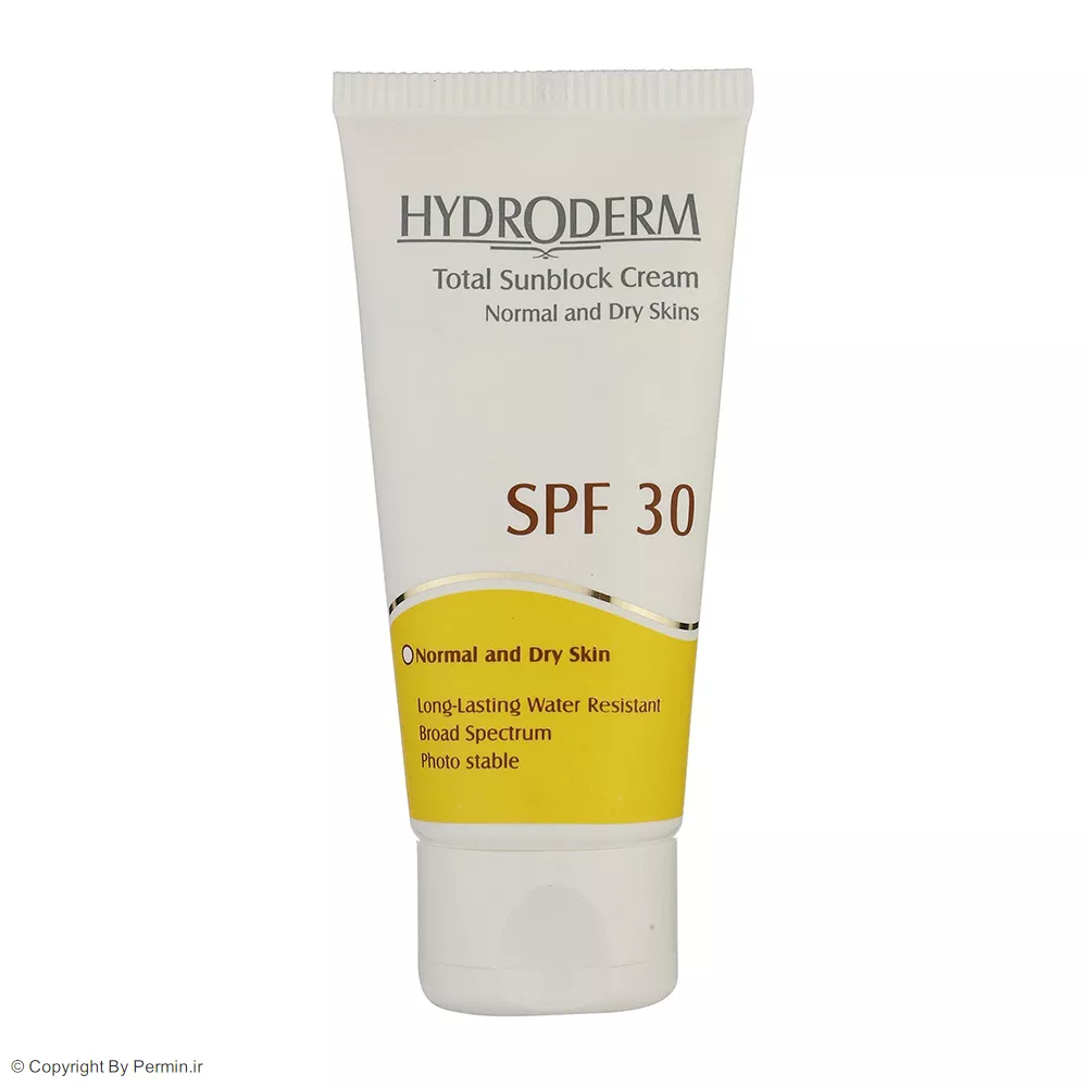 کرم ضدآفتاب بی‌رنگ هیدرودرم SPF30 مناسب پوست‌ نرمال و خشک حجم 50 میلی‌لیتر