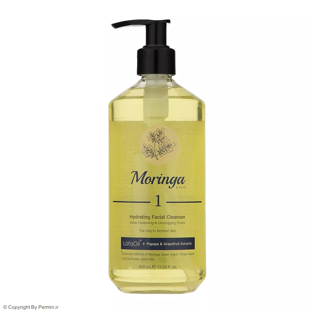 ژل شستشو و آبرسان صورت مورینگا امو شماره 1 مناسب پوست چرب و مختلط حجم 400 میلی‌لیتر