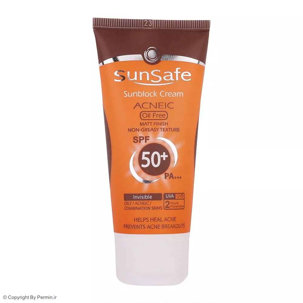 کرم ضدآفتاب و آنتی‌آکنه ‌بی‌رنگ سان‌سیف SPF50 مناسب پوست‌ چرب حجم 50 میلی‌لیتر