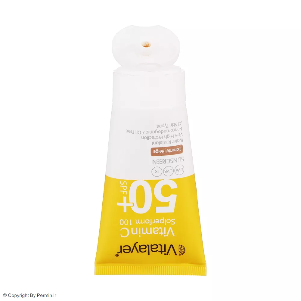 کرم ضد آفتاب رنگی ویتالیر SPF50 دارای ویتامین C مدل Caramel Begie حجم 40 میلی‌لیتر