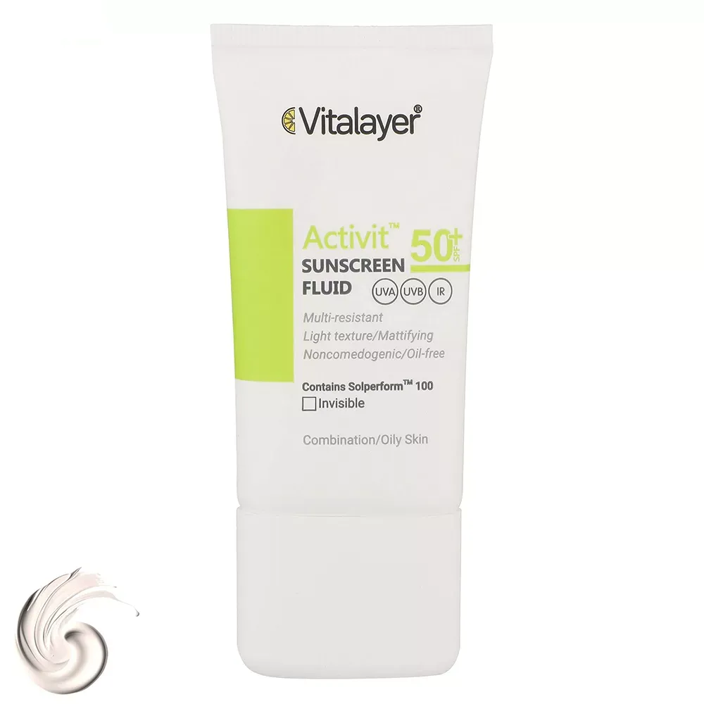 فلوئید ضدآفتاب بی‌رنگ ویتالیر SPF50 مدل Activit، مناسب پوست‌های مختلط و چرب، حجم 50 میلی‌لیتر